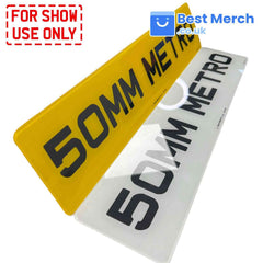 50mm Metro Irish Style Number Plates in yellow and white, designed for show use only, available at Best Merch UK.