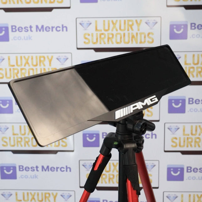 White AMG Plate Holder - Luxury Number Plate Holder mounted on a tripod, ideal for Mercedes vehicle decor and license plate display.