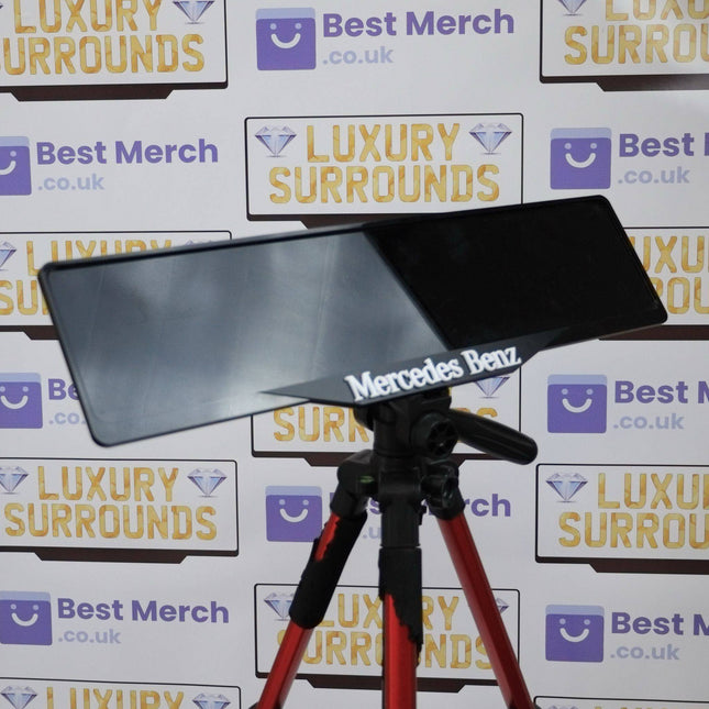 White Mercedes Benz Holder - Indulgence in Plate Design, featuring a glossy black finish and luxury branding for premium vehicle decor.