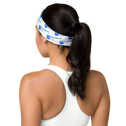 Back view of woman wearing Headband - Best Merch branded, showing secure fit and stretch fabric ideal for workouts and running.