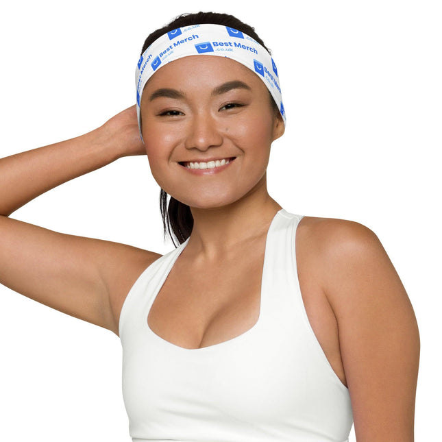 Headband - Best Merch branded worn by a smiling woman in a white sports top, ideal for fitness and activewear collections.