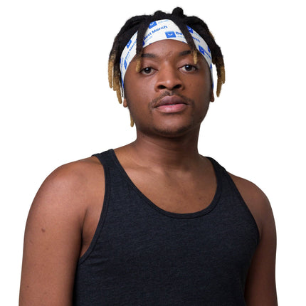 Front view of man in Headband - Best Merch branded, emphasizing the bold logo design and comfortable fit for everyday use.