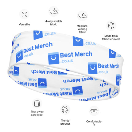 Close-up of Headband - Best Merch branded showing features like 4-way stretch, moisture-wicking fabric, and eco-friendly materials.