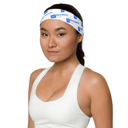 Woman in white top wearing Headband - Best Merch branded, highlighting its sporty look and breathable material for active lifestyles.
