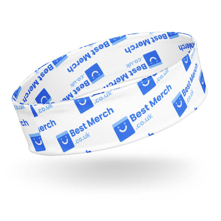 Floating Headband - Best Merch branded in white with blue logo, showcasing its trendy and versatile design for sports and casual wear.