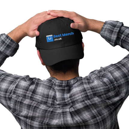 Black Baseball hat - Best Merch Branded shown from back view on man in plaid shirt. Adjustable fit ideal for everyday merch style.