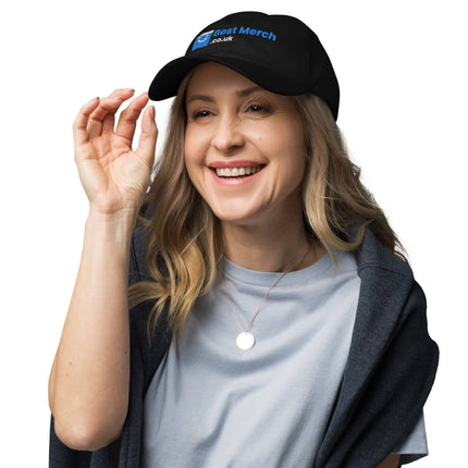Black Baseball hat - Best Merch Branded worn by smiling woman in casual outfit. Comfortable and trendy merch cap for daily wear.