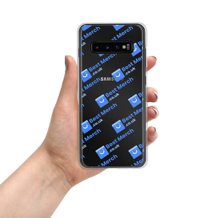 Clear Case for Samsung® - Best Merch Branded with repeating blue logo, fits Galaxy S10. Protective transparent case with stylish branding.