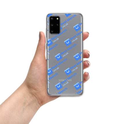Clear Case for Samsung® - Best Merch Branded with blue logo design, made for Galaxy S20. Transparent case offering sleek and branded protection.