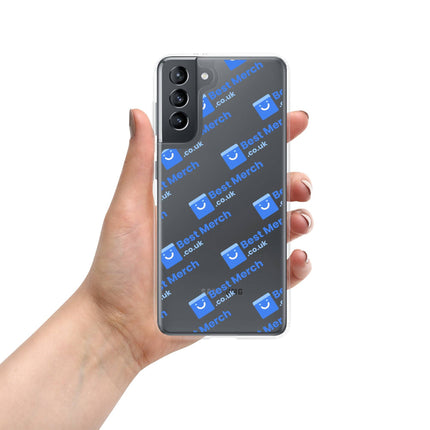 Clear Case for Samsung® - Best Merch Branded featuring blue logos, made for Galaxy S21+. Transparent case with modern branded look.