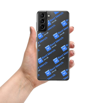 Clear Case for Samsung® - Best Merch Branded with blue logo pattern, designed for Galaxy S21. Sleek transparent case with full camera access.