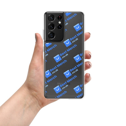 Clear Case for Samsung® - Best Merch Branded with blue logo design, compatible with Galaxy S21 Ultra. Durable clear case with stylish branding.