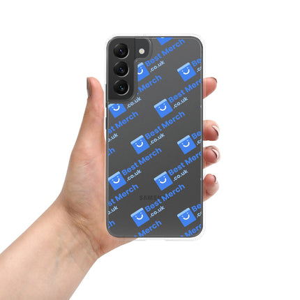 Clear Case for Samsung® - Best Merch Branded with blue logo accents, fits Galaxy S21. Sleek transparent case with stylish protection.