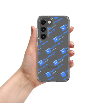 Clear Case for Samsung® - Best Merch Branded with blue logo pattern, fits Galaxy S23+. Durable clear case with modern branded look.