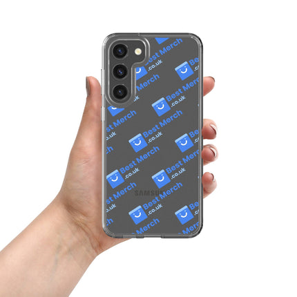 Clear Case for Samsung® - Best Merch Branded with repeating blue logos, designed for Galaxy S23. Transparent case with stylish branding.