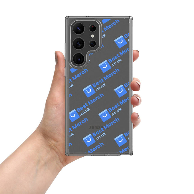 Clear Case for Samsung® - Best Merch Branded with blue logo pattern, designed for Galaxy S23 Ultra. Durable transparent cover for stylish protection.