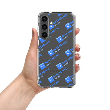 Clear Case for Samsung® - Best Merch Branded with blue logos, made for Galaxy S23 Ultra. Transparent protective case with sleek branding.