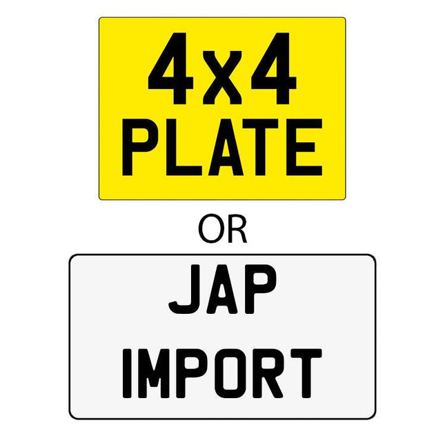 4x4 or Jap Import Single Plate (Addon) showing yellow 4x4 plate and white Jap Import plate for vehicle registration customization.