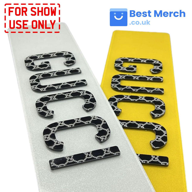 4D Engraved Number Plates with black and silver GUCCI text design on white and yellow backgrounds, ideal for show use only.