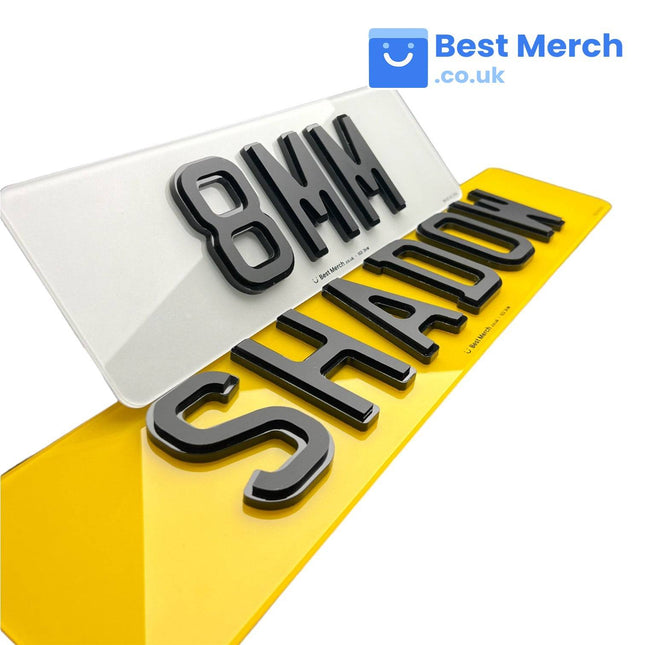 8mm Shadow Number Plates with bold 4D black letters on white and yellow acrylic, ideal for a premium car plate upgrade.