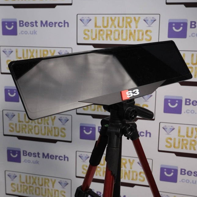 Audi S3 Plate Holder - Luxury Number Plate Holder mounted on a tripod, showcasing sleek black finish and S3 branding for premium vehicles.