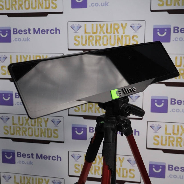 Green Audi S-LINE Plate Holder mounted on a tripod, showcasing its sleek luxury design for premium vehicle decor and license plate mounting.