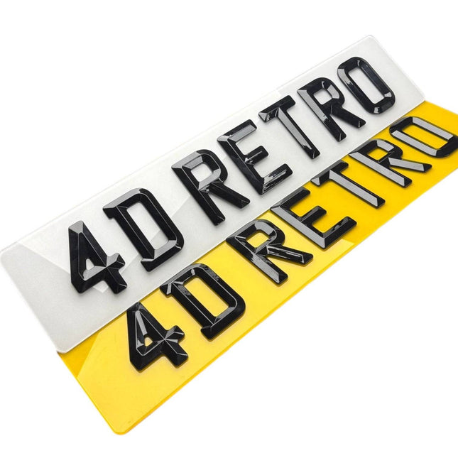4D Retro Number Plates in black raised lettering on white and yellow backgrounds, showcasing a bold 3D design for vehicle customization.
