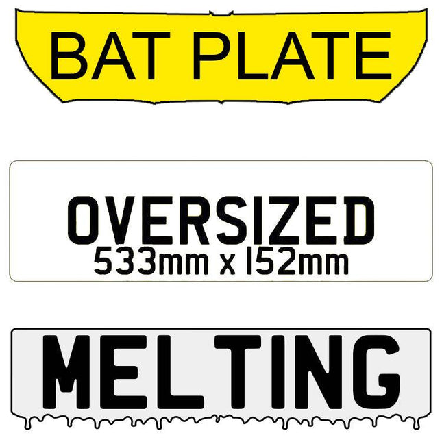 Yellow bat plate addon with bold black text, part of the Oversized (Addon) - Or drip/bat collection for custom vehicle plates.
