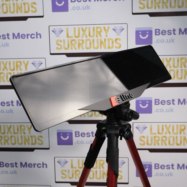 Red Audi S-LINE Plate Holder - Luxury Number Plate Holder mounted on a tripod, ideal for enhancing vehicle decor with a sleek, premium design.