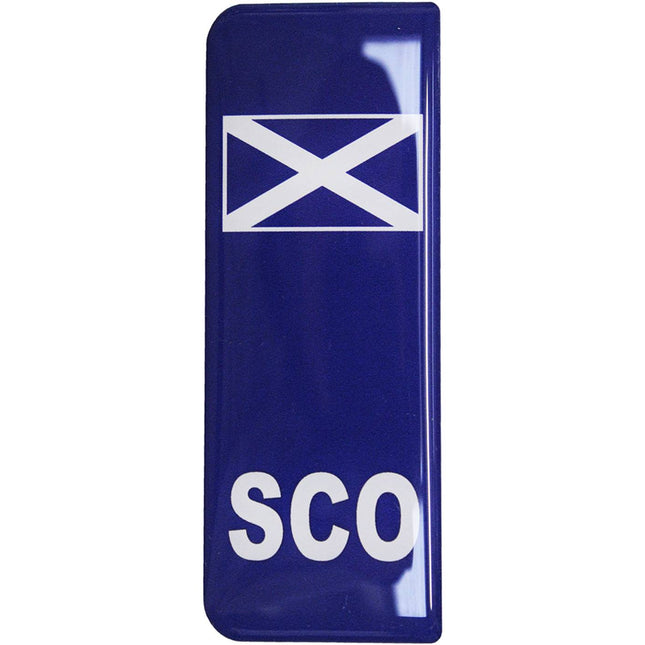 Scottish Gel Flag featuring the white Saint Andrew's Cross on a blue background with 'SCO' text, ideal for car or motorcycle decoration.