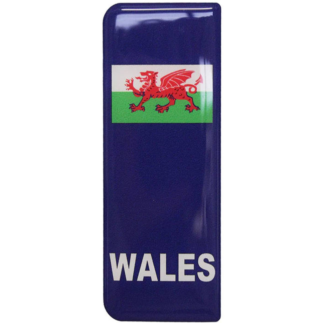 Wales Gel Flags featuring the red Welsh dragon on a green and white background with bold 'WALES' text on a glossy rectangular badge. Ideal for cars or sports gear.