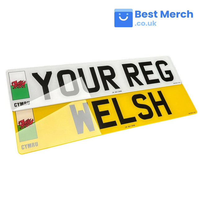 Standard number plates with Welsh flag and 'CYMRU' text, featuring white front and yellow rear plates for UK vehicles, ideal for patriotic car decor.