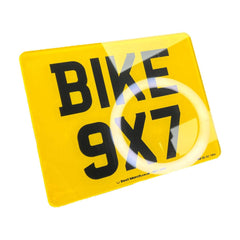 Standard Bike Number Plate in 9x7 size with bold black text on a yellow background, ideal for legal motorcycle identification.