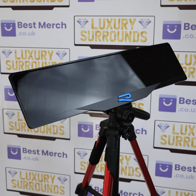 Blue Golf R Plate Holder - Luxury Number Plate Holder mounted on a tripod, featuring a sleek black finish with blue R logo for VW vehicles.