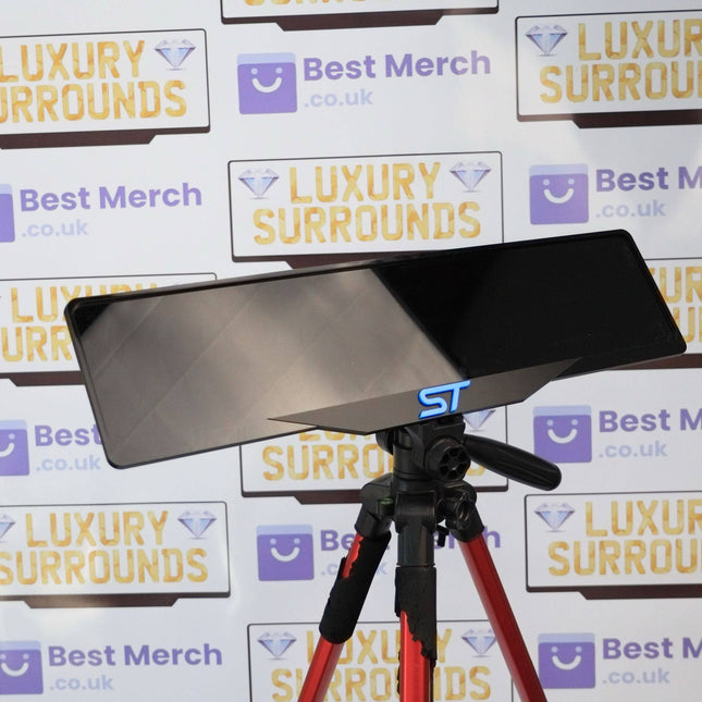 Blue ST Plate Holder - Luxury Number Plate Holder mounted on a tripod, featuring a sleek black gloss finish ideal for Ford vehicles.