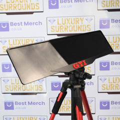 Red VW GTI Plate Holder - Luxury Number Plate Holder mounted on a tripod, featuring a sleek black finish with bold red GTI lettering.