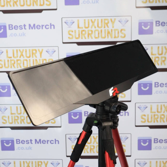 White Seat FR Plate Holder - Luxury Number Plate Holder mounted on a tripod, featuring sleek black finish with FR logo for premium vehicle decor.
