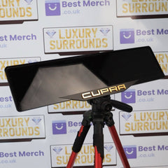 Gold Cupra Plate Holder - Luxury Number Plate Holder mounted on a tripod, featuring a sleek black finish with gold Cupra branding.