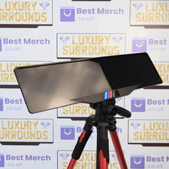 Black BMW M SPORT Plate Holder with luxury finish, mounted on a tripod, ideal for enhancing vehicle decor and license plate presentation.