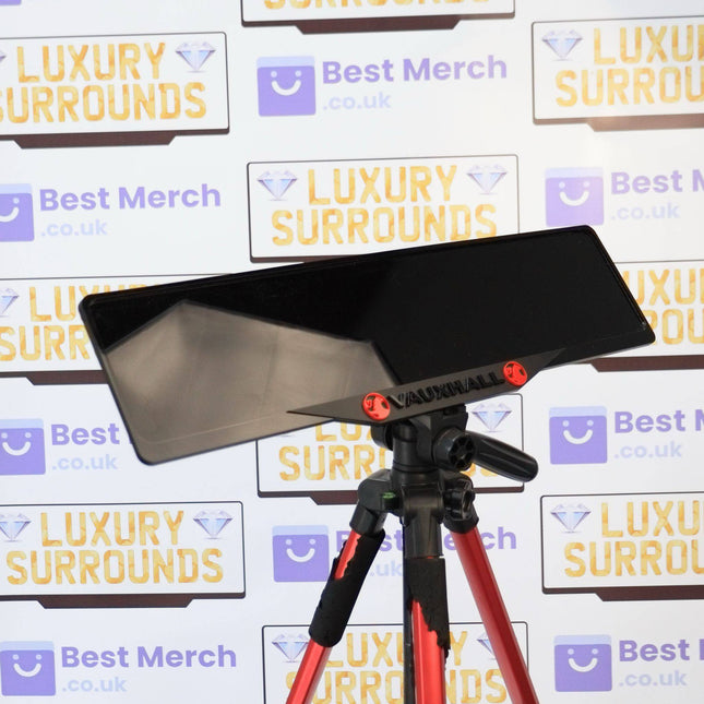 Red & Black Vauxhall Plate Holder - Luxury Number Plate Holder mounted on a tripod, ideal for stylish vehicle license plate display.