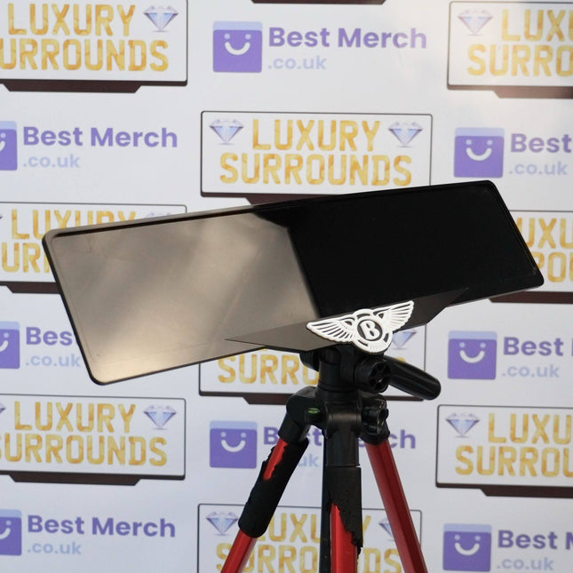White Bentley Plate Holder - Luxury Number Plate Holder mounted on tripod, featuring glossy black finish and Bentley logo for premium vehicles.