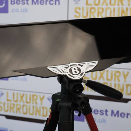 Close-up of White Bentley Plate Holder - Luxury Number Plate Holder with detailed Bentley emblem, ideal for upscale vehicle decor.