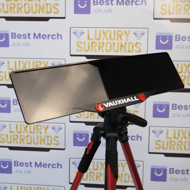 Red & White Vauxhall Plate Holder - Luxury Number Plate Holder mounted on a red tripod, ideal for stylish vehicle license plate display.