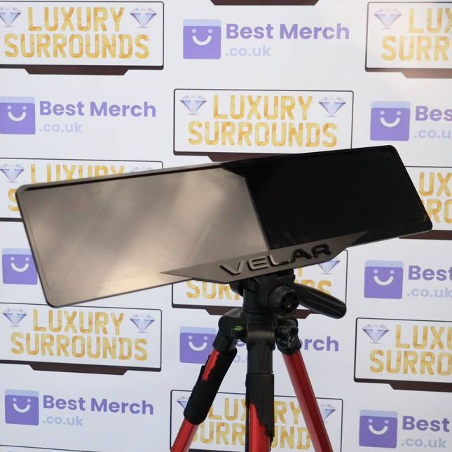 Range Rover VELAR Plate Holder - Luxury Number Plate Holder mounted on a tripod, featuring a sleek black finish and VELAR branding.