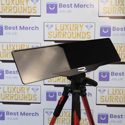 White Golf R Plate Holder - Luxury Number Plate Holder mounted on a tripod, featuring a sleek black finish with a white R logo for VW vehicles.