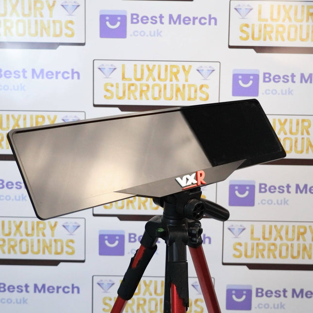 White & Red Vauxhall VXR Plate Holder - Luxury Number Plate Holder mounted on a tripod, ideal for stylish vehicle license plate display.