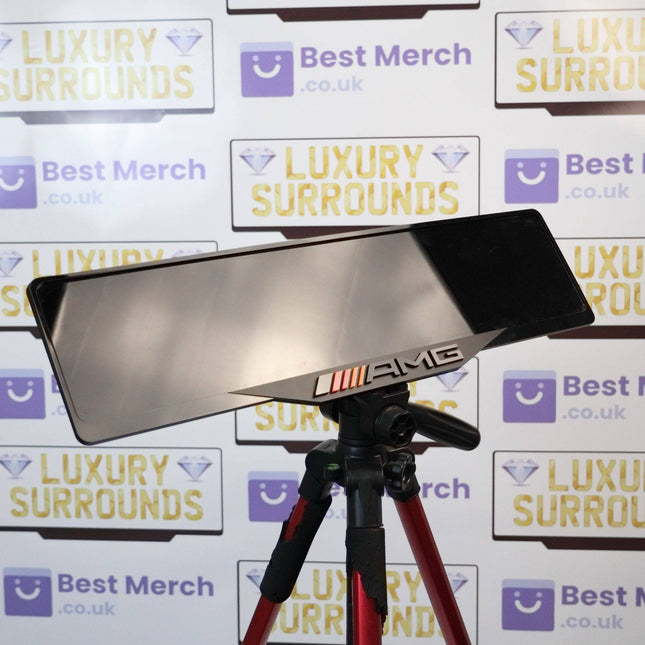German Style AMG Plate Holder - Luxury Number Plate Holder mounted on a tripod, showcasing sleek black design for Mercedes vehicles.