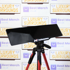 White Hyundai N Performance Plate Holder mounted on a red tripod, showcasing a sleek luxury number plate holder for Hyundai vehicles.