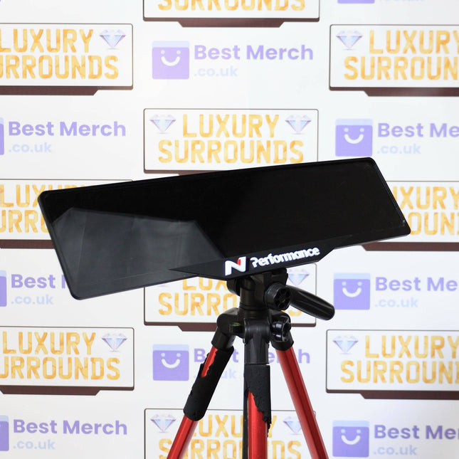 White Hyundai N Performance Plate Holder mounted on a red tripod, showcasing a sleek luxury number plate holder for Hyundai vehicles.