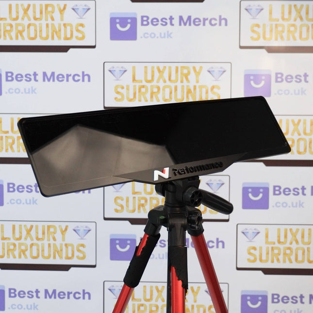 Black Hyundai N Performance Plate Holder with glossy finish mounted on a tripod, ideal for luxury vehicle decor and number plate display.